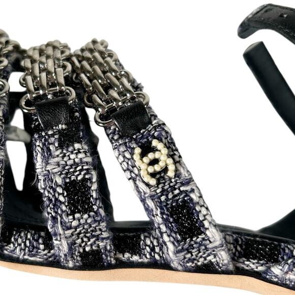 CHANEL Tweed Strappy Chain Interlocking CC Heeled Sandals - Picture 6 of 14